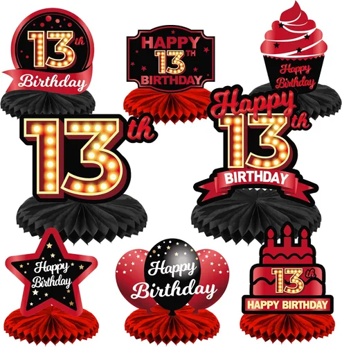 Miniatura 36 de Feliz Cumpleaños 15 Centros de Mesa de Panal Rojo y Negro Globos Decoración Temática de Mesa Decoraciones de Mesa Adornos de Mesa para Niñas Mujeres