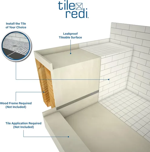 Miniatura 3 de Tile Redi P3048C-RB30-KIT Plato de Ducha y Banco con Desagüe Central - Base de Ducha de Bordillo Único, Banco, Desagüe de PVC de 2" y Placa