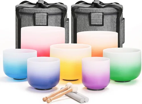 432HZ - Juego de 7 piezas de cuencos cantores de cristal de cuarzo esmerilado con diseño degradado Aria de 6-12 pulgadas con 2 estuches de