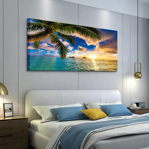 Miniatura 4 de EPHANY Arte de pared con palmera de playa y océano, 1 lienzo para pared, escena de puesta de sol con paisaje de árbol, estirado y enmarcado, listo