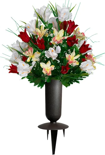 Miniatura 23 de Sympathy Silks Flores de cementerio artificiales - Decoración de tumbas - Tulipanes rojos e iris blancos (1) Ramo Rojo Blanco