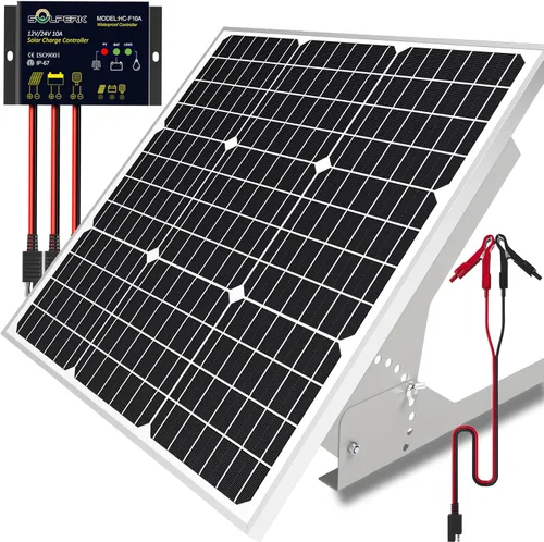 SOLPERK Kit de Panel Solar de 50W/12V, Cargador de Goteo Mantenedor de Batería Solar + Controlador Impermeable + Soporte de Montaje Ajustable para