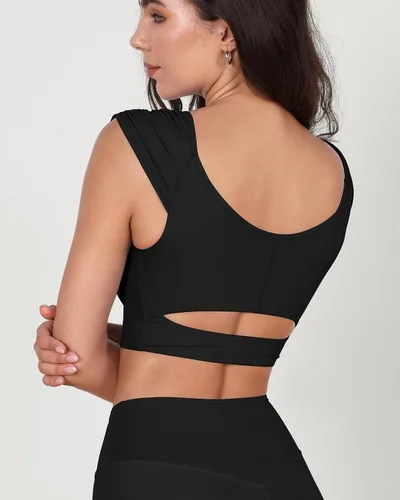 Miniatura 32 de ODODOS Camiseta corta sin mangas con cuello en V y frente fruncido para mujer, recortada en la espalda, manga casquillo