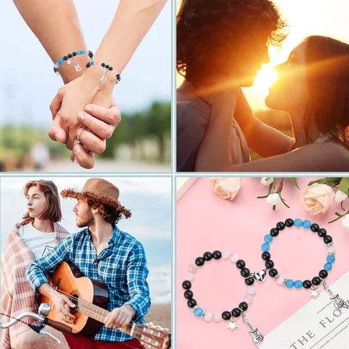 Miniatura 13 de 2 pulseras magnéticas para parejas, piedra natural negra mate, cristal para votos de amor eterno, juego de pulseras de cuentas de piedra de energía