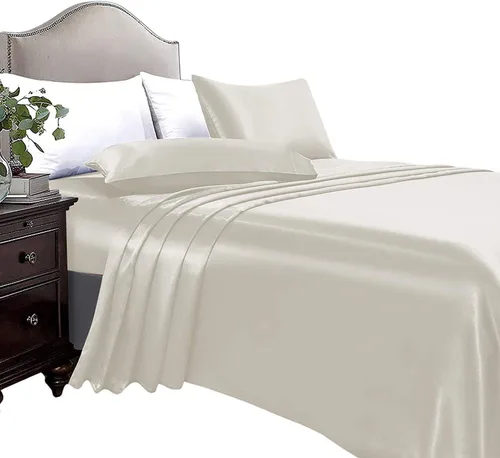 Anex Linen Juego de sábanas de satén, juego de ropa de cama de 4 piezas, hilos altos, juego de sábanas 100% satén beige ultra suave, juego de