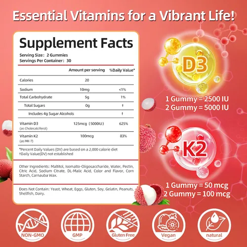 Miniatura 2 de Gomitas de vitamina D3 K2 con magnesio sin azúcar, 60 unidades Vitamina D3 5,000 UI + K2 (MK-7) 100 mcg - Suplemento de vitamina K2 D3 vegano
