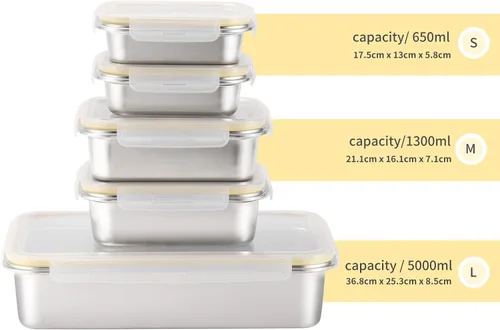 Miniatura 7 de Contenedores de acero inoxidable 18/8 para almacenamiento de alimentos, juego de recipientes para preparación de comidas, bandeja para hornear, a