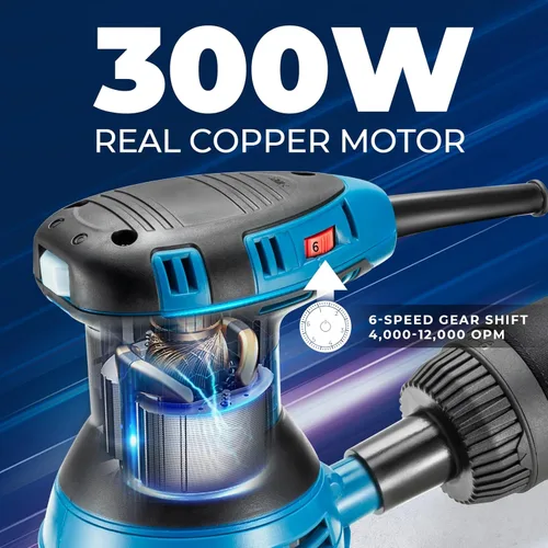 Miniatura 2 de Dong Cheng lijadora orbital aleatoria de 5 pulgadas, 3 amperes, 12000 RPM, 6 velocidades variables, con 10 piezas de papel de lija y bolsa de polvo