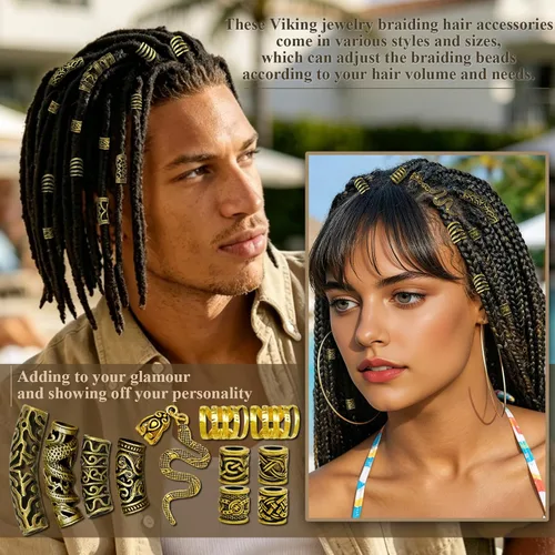 Miniatura 4 de 207 piezas de joyería para cabello vikingo, cuentas de runas nórdicas en tubo, kit de accesorios para trenzas, rastas, barba, locs, clips metálicos