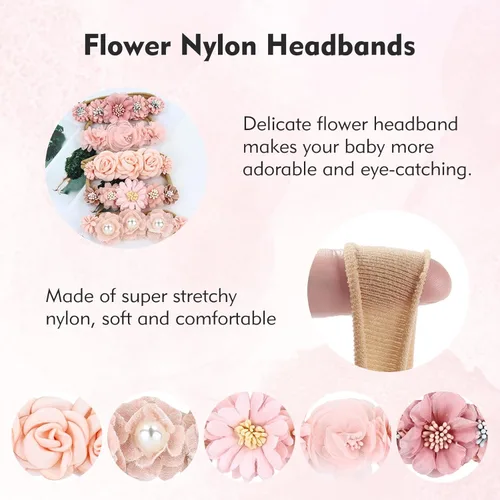 Miniatura 5 de Cinaci Paquete de 5 diademas delicadas de nailon con flores florales, accesorios para el cabello para bebés, niñas, recién nacidos, bebés y niños