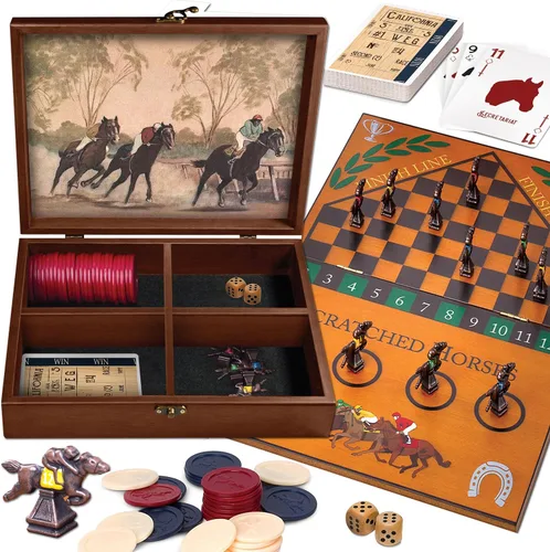 WE Games Derby Horse Race Juego de mesa con piezas de juego de metal y caja de almacenamiento de recuerdos de madera, noche de juegos familiares,