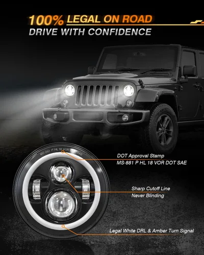 Miniatura 5 de Faros delanteros LED redondos de 7 pulgadas con adaptador Switchback para señal de giro ámbar blanca DRL compatible con Jeep Wrangler JK JKU