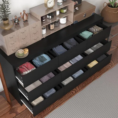 Miniatura 7 de Cómoda de 9 cajones para dormitorio con cajones profundos, cómodas grandes de piso de madera y cajoneras sin manijas, cómodas largas negras modernas