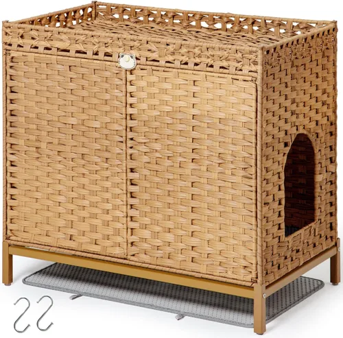 Miniatura 11 de SETVSON Mueble Caja de Arena para Gatos, Caja de Arena Oculta de Ratán Tejido a Mano con Alfombrilla, Casa Grande para Gatos con Patas Elevadas