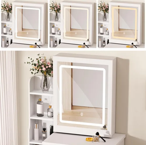 Miniatura 2 de Escritorio de tocador con espejo deslizante, juego de tocador de maquillaje con 6 estantes de almacenamiento, 4 cajones para dormitorio, vestidor