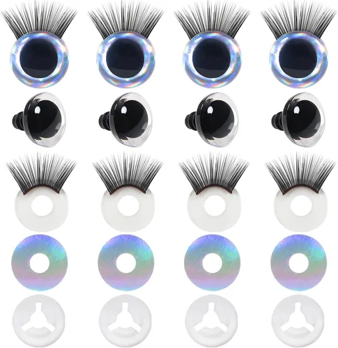 TOAOB - 4 juegos de ojos de seguridad de 0.98 pulgadas con purpurina y arandelas y pestañas para Amigurumis de plástico plateado para manualidades,