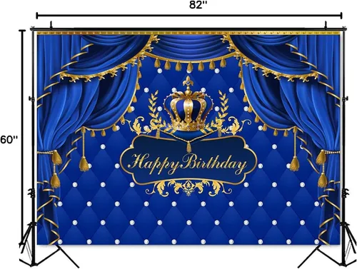 Miniatura 6 de Mocsicka Telón de fondo de cumpleaños azul rey, fondo de cortina de corona de príncipe azul dorado, decoración para fiesta de cumpleaños de niño