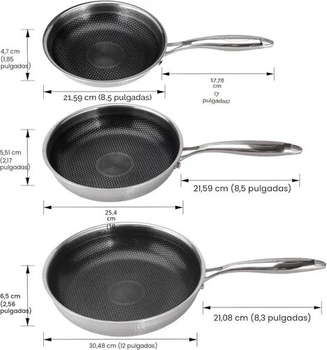 Miniatura 2 de Juego de sartenes híbridos de acero inoxidable de 8, 10 y 12 pulgadas con revestimiento antiadherente, sartenes para freír sin PFOA, aptas