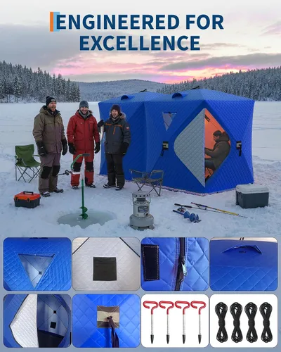 Miniatura 3 de Tienda de campaña de pesca en hielo desplegable para 6-8 personas con configuración desplegable de 60 segundos, aislamiento superior de triple capa