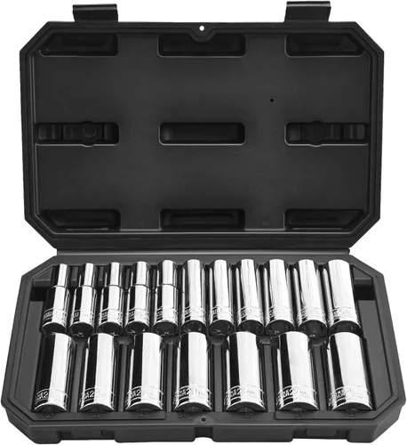 VEVOR - Juego de llaves de tubo, 18 piezas, juego de herramientas de 1/2 pulgada, tamaño métrico de 10 a 27 mm, herramientas mecánicas con estuche