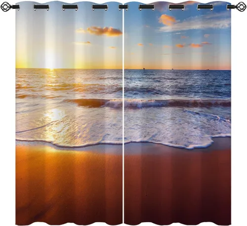 Miniatura 13 de Cortinas opacas de arena para niñas y niños, decoración del hogar, vacaciones, playa, agua azul, puesta de sol, nubes, ojales, aislamiento térmico