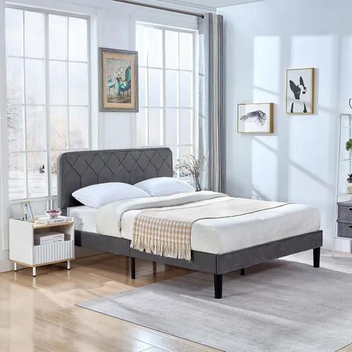 Miniatura 9 de VECELO Base de cama tamaño Queen con plataforma tapizada de cuero de alta calidad con cabecera ajustable en altura / base de colchón, soporte