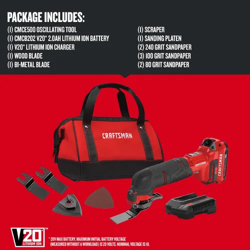 Miniatura 3 de CRAFTSMAN V20 Multiherramienta inalámbrica, kit de herramientas oscilantes, kit de 16 piezas con cuchillas, papel de arena, batería y cargador