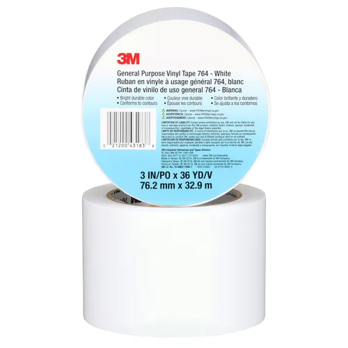 Miniatura 2 de 3M Cinta de vinilo 764, Uso general, 3 pulgadas x 36 yardas, blanca, 1 rollo, cinta de marcado de piso de tráfico ligero, distanciamiento social