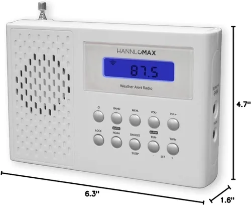 Miniatura 2 de HANNLOMAX HX-512R Radio portátil de banda AM/FM/clima, reloj despertador, pantalla LCD, conector para auriculares. (blanco)