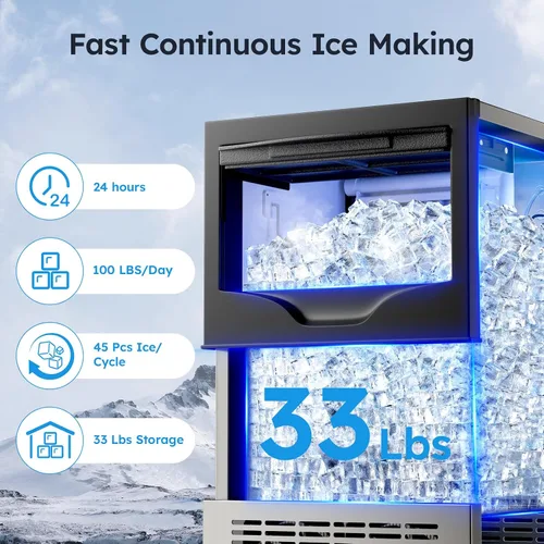 Miniatura 2 de Máquina de hielo comercial de 100 libras/24 horas, contenedor de almacenamiento de 33 libras, 45 cubos de hielo en 8-12 minutos, máquina de hielo