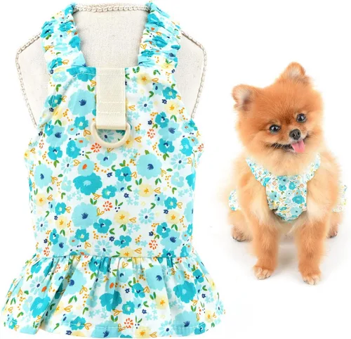 Miniatura 9 de SMALLLEE_LUCKY_STORE Vestido floral de arnés para perro, lindo vestido de verano con correa para mascotas para perros pequeños, gatos y niñas
