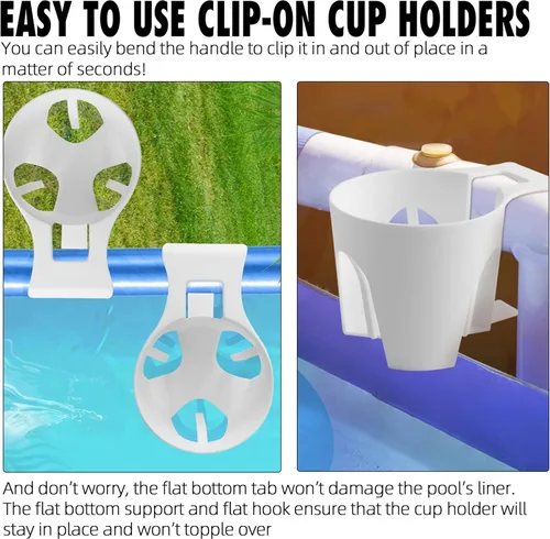 Miniatura 5 de TonGass Paquete de 6, portavasos blancos para piscinas sobre el suelo, compatibles con piscina sobre el suelo con barra superior redonda de 2