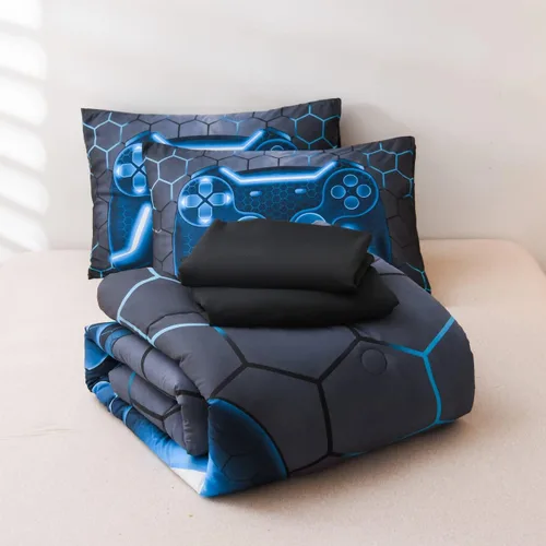 Miniatura 6 de NTBED Juego de edredón de consola de videojuegos de 5 piezas para niños y niñas, ropa de cama geométrica en una bolsa, de microfibra ligera