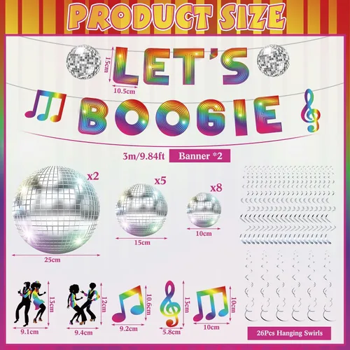 Miniatura 2 de Tiamon 48 piezas de decoraciones de fiesta de discoteca Lets Boogie Banner de los años 70 con remolinos colgantes de fiesta temática de los años 70