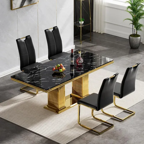 Miniatura 51 de Juego de mesa de comedor de 5 piezas, moderno juego de mesa de comedor para 4, 70 pulgadas, juego de mesa de comedor de mármol sintético blanco