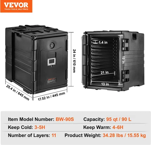 Miniatura 7 de VEVOR - Portador de bandejas de alimentos aislado, Caja de comida caliente de 95 Qt para catering, Portador de caja de comida LLDPE con hebillas