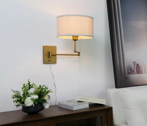 Miniatura 3 de Aplique de pared de tela textil de lino vintage Swing Arm, Adjustable, with on/Off Switch, Brass Gold Wall Mounted Lamp, Reading Light Fixture for