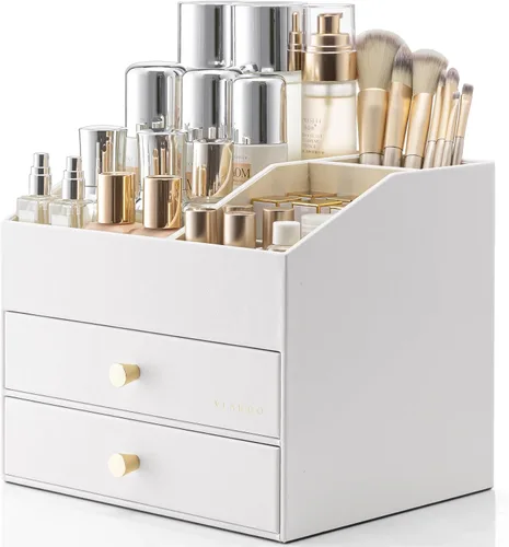 Miniatura 9 de Organizador de maquillaje Vlando, organizador para el cuidado de la piel para tocador, organizador de maquillaje de PU con cajones, estuche
