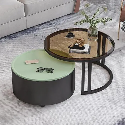 Miniatura 14 de Couchtisch Rund 2er Set, Kreativer Runder Couchtisch Aus Glas mit Metallrahmen, Mit Stauraum für Kleine Räume Wohnzimmer Schlafzimmer Balkone mit B