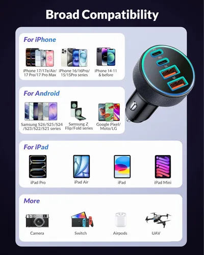 Miniatura 5 de Cargador de Coche USB C, Cargador de Teléfono de Coche de 4 Puertos 90W de Carga Súper Rápida Accesorios de Cargador de Coche Dual USB-C y USB-A