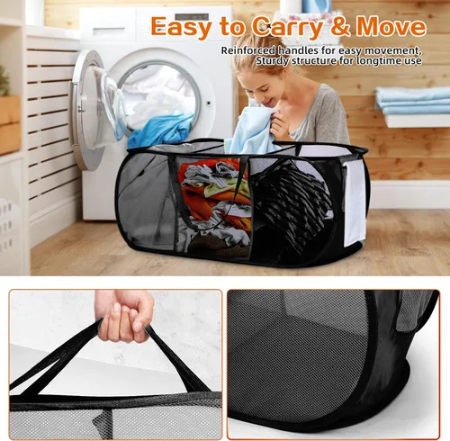 Miniatura 5 de Cestas plegables para la lavandería, cesta plegable de malla para lavandería, cesta de lavandería emergente duradera, cestos para ropa de 3 Negro