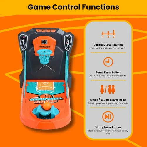 Miniatura 7 de Juego de baloncesto de mesa: mini arcada de escritorio compacta, juego de escritorio para interiores con puntuación electrónica, luces y sonido