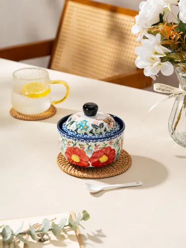 Miniatura 9 de silesia Azucarero hecho a mano con tapa y cuchara, tarro de azúcar de cerámica pintado a mano de 10 onzas para cocina en caja de regalo, decoración