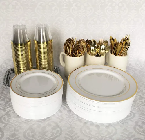 Miniatura 5 de Juego de cubiertos de plástico dorado de 120 piezas, reutilizables y reciclables, utensilios de plástico dorado para bodas, aniversarios, duchas