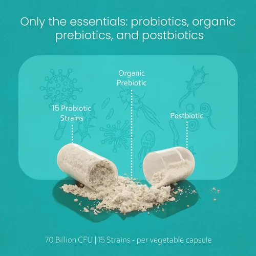 Miniatura 5 de NaturaLife Labs Probióticos 70 mil millones de CFU – 15 cepas con prebiótico y postbiótico orgánico – Fórmula 3 en 1 – 30 cápsulas veganas