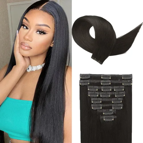 Miniatura 14 de Extensiones de cabello humano con clip, de 18 pulgadas, 8 piezas, color negro azabache, extensiones de cabello humano real para mujer, extensiones