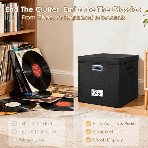 Miniatura 6 de Juego de 2 cajas de almacenamiento de discos de vinilo, para más de 100 LPs individuales (12 pulgadas), caja apilable de lino con tapa, soporte