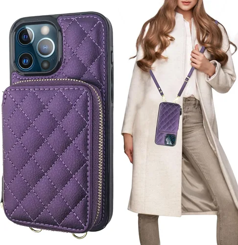 Miniatura 14 de Bocasal Funda tipo cartera con bandolera para iPhone 13 Pro Max, cartera de cuero PU con cierre de cremallera y bloqueo RFID, funda tipo folio