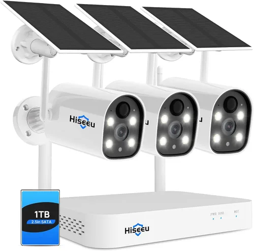 Hiseeu Sistema de cámara de seguridad inalámbrica con batería solar, kits de 3 cámaras 100% sin cables, 2K HD, foco, visión nocturna a color, audio