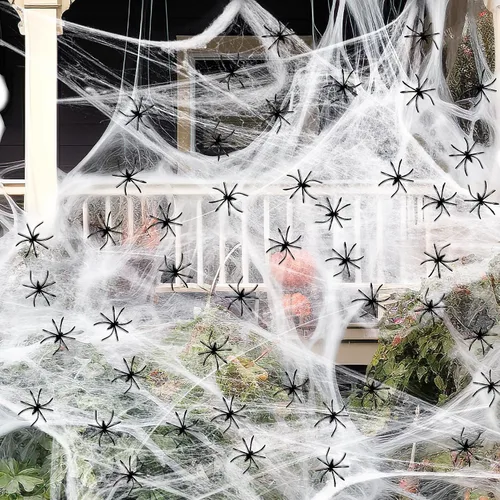 Miniatura 9 de Telarañas de 900 pies cuadrados para decoración de Halloween con 100 arañas falsas, telarañas súper elásticas para decoraciones de Halloween